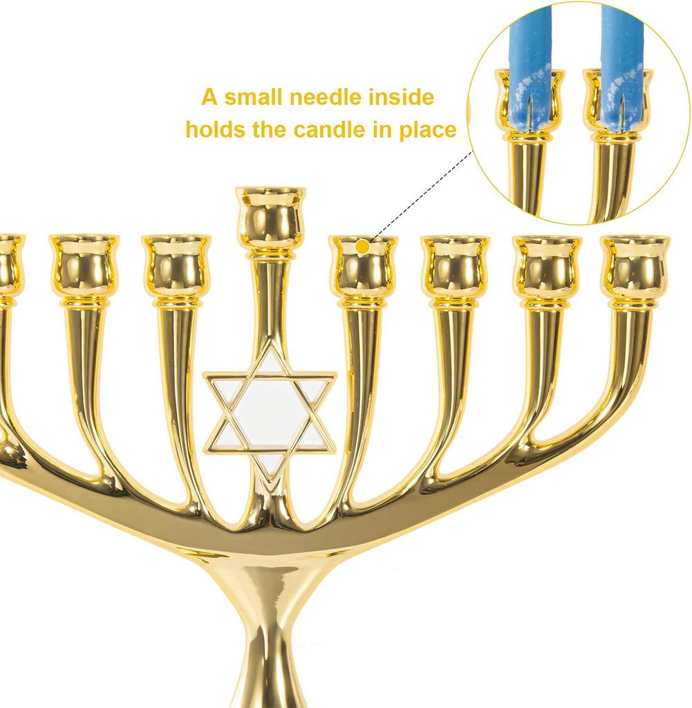Hanukkah Upgrade Cups with Built-in Pins, Star of David Candle Holders 9 Branches Gold Plated Candlesticks Jewish