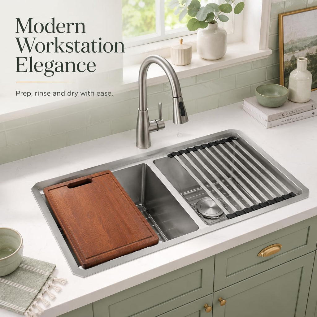 32''x18'' Double Bowl Undermount Kitchen Sink, T304 Stainless Steel 50/50 Workstation Sink with 10'' Deep Basins &