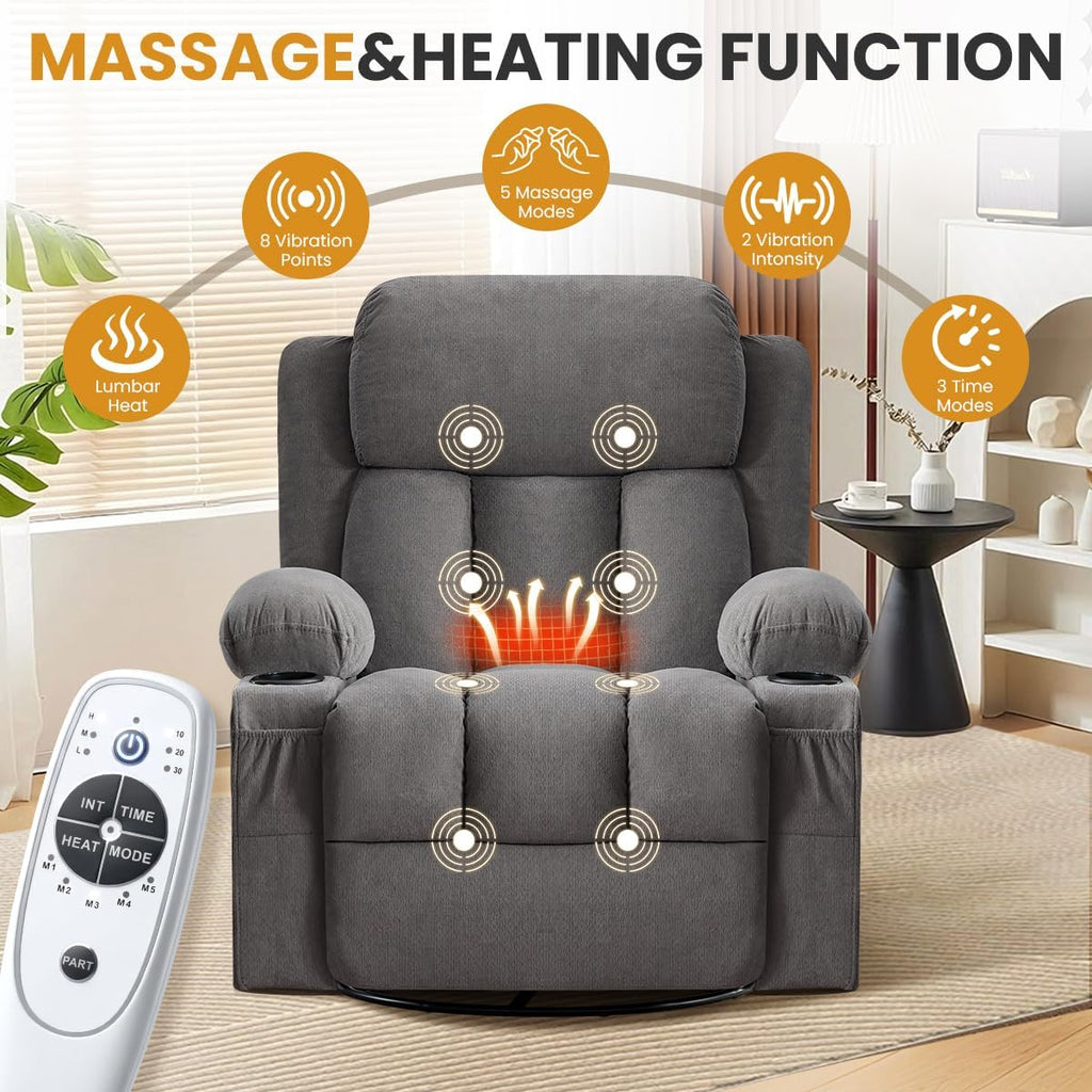 Swivel Rocker Recliner Chair with Vibration Massage and Lumbar Heating Ergonomic Lounge Chair with Rocking Function