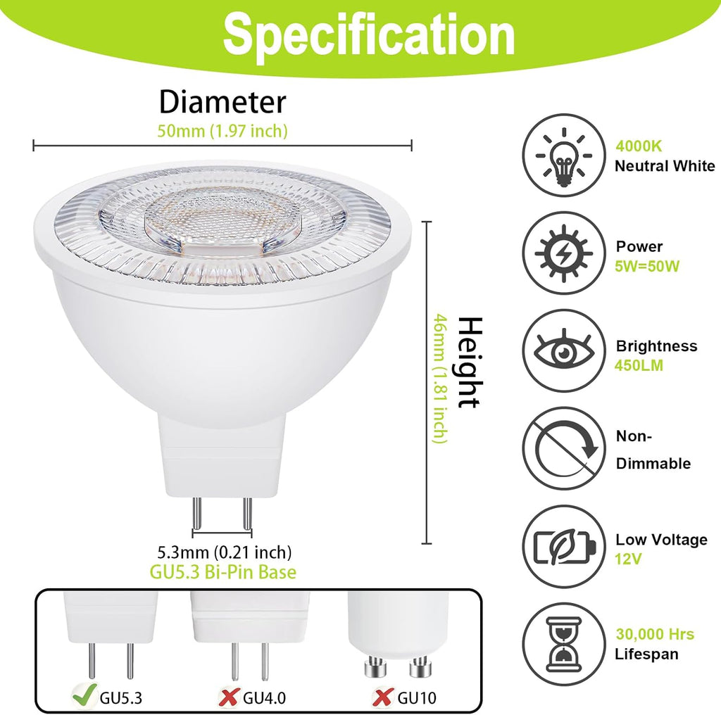 MR16 LED Bulbs 50W Halogen Equivalent, 4000K Neutral White, 5W MR16 GU5.3 Bi-Pin Base 12V Low Voltage Spotlight Bulb