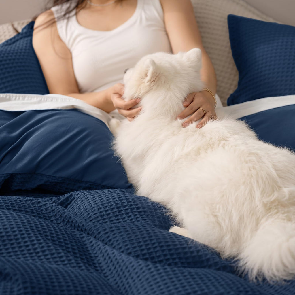 Waffle Duvet Cover, Ultra Soft & Breathable, 90"x90", Navy Blue