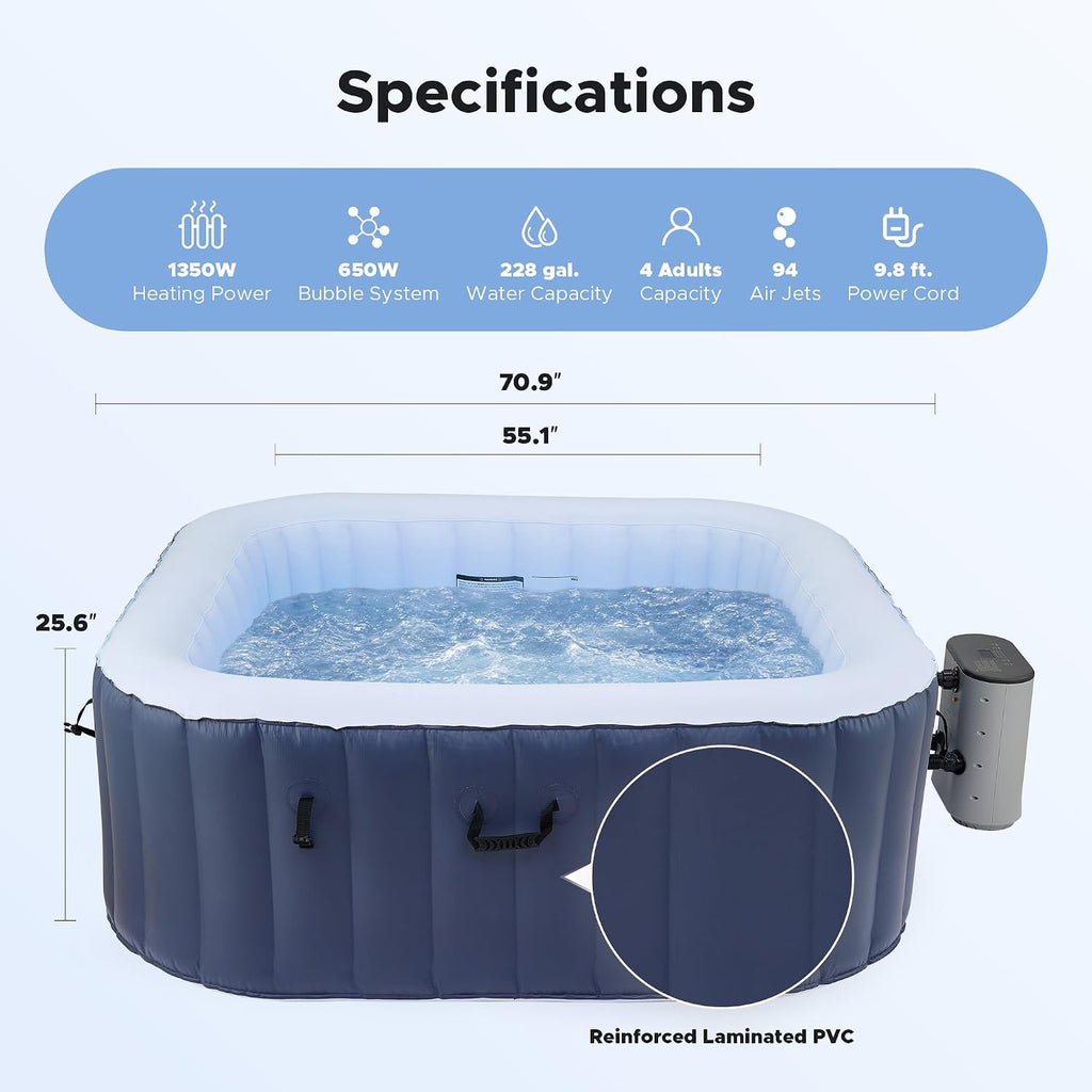6ft Inflatable Hot Tub, 4-Person Outdoor Spa with 94 Air Jets & Heater | Square 40 °C Powerful Heating & Soothing