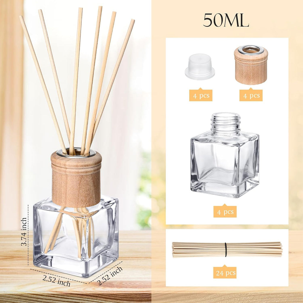 Set Reed Diffuser Bottles 50ml Glass Wooden Caps Rattan Sticks - Set of 4