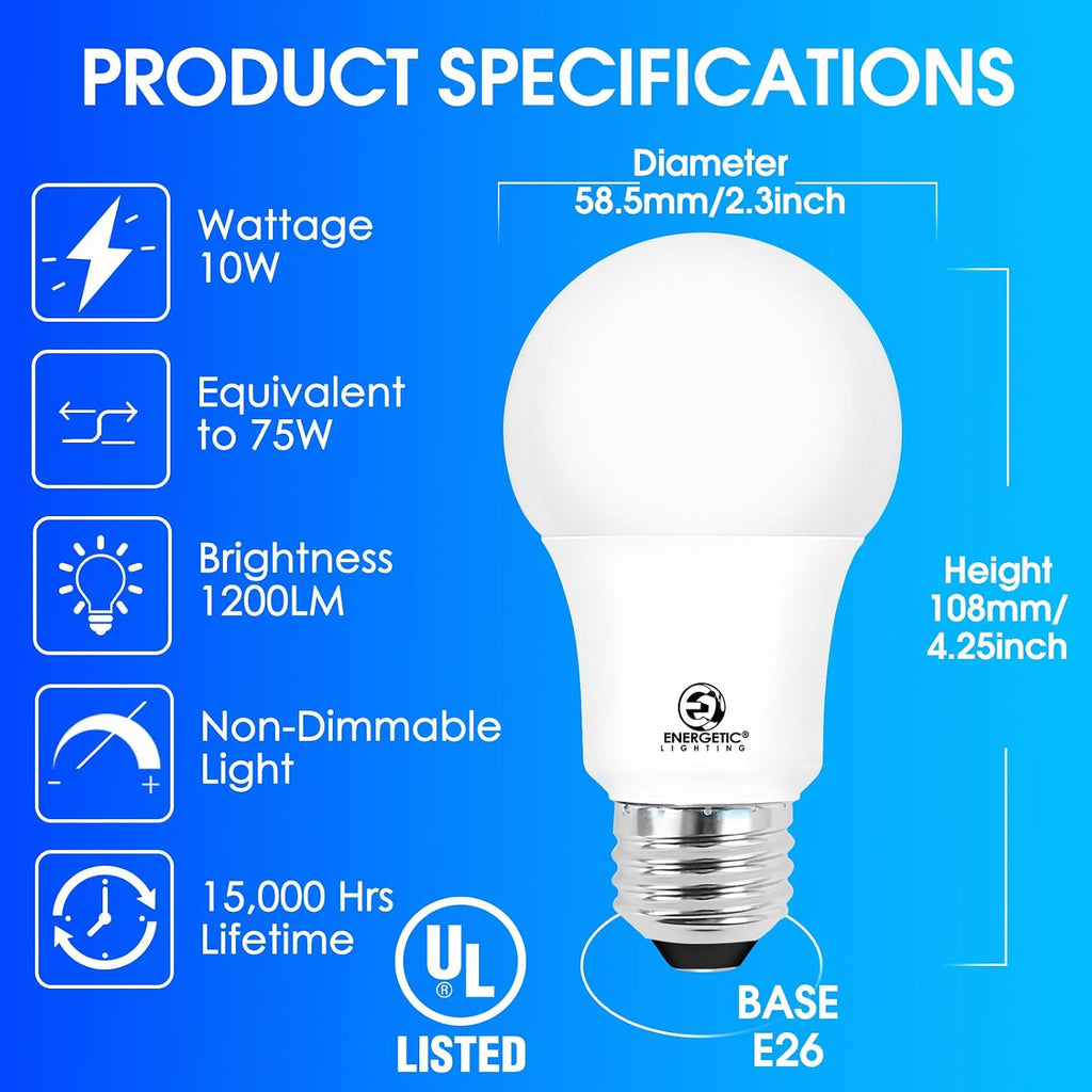 A19 Light Bulbs 75 watt Equivalent, Daylight 5000K, 1200LM Super Bright, Non-Dimmable A19 10W LED Light Bulbs, E26