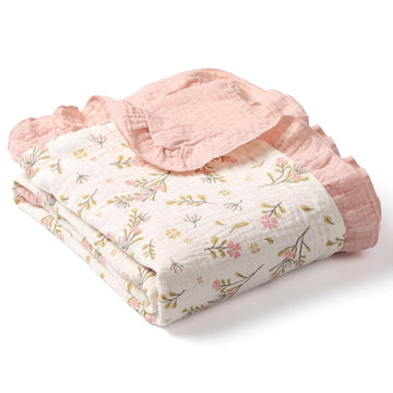 Organic Baby Blanket Flounce Edge Large 50"x43" Floral, 100% Muslin Cotton Super Soft Breathable Toddler Quilt Crib