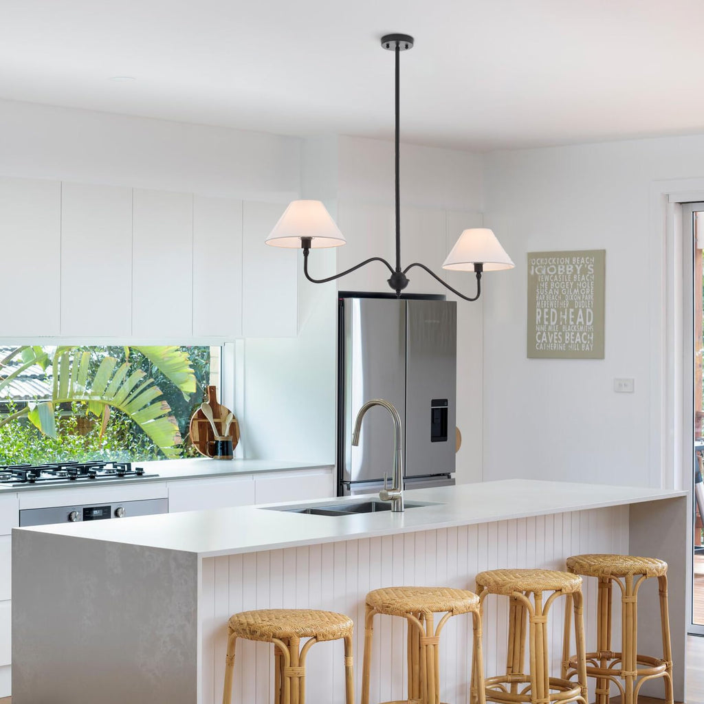Modern Linear Chandelier Island, 2-Light Linear Light Fixture with Off-White Fabric Shade, Rustic Pendant Light