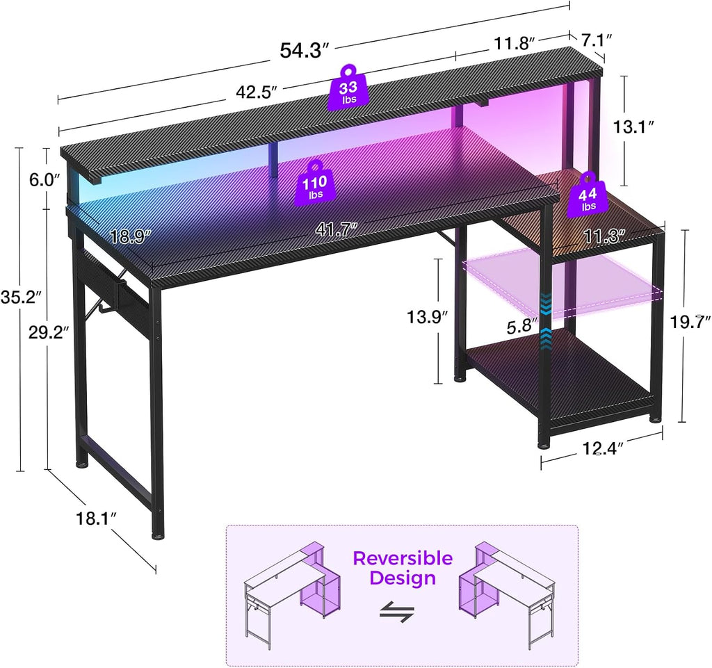 55 Inch Gaming Desk with LED Lights & CPU Stand, Carbon Fiber Black | Computer Desk with Storage Shelves, Reversible