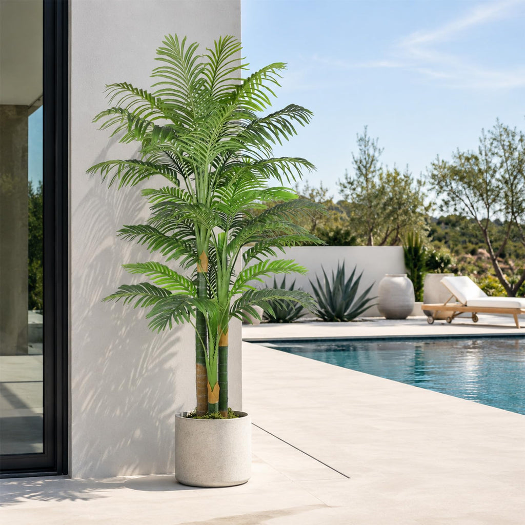 7FT Artificial Palm Tree - Tropical Faux Golden Cane Palm Tree UV Resistant Tall Fake Plant Indoor with Black Pot
