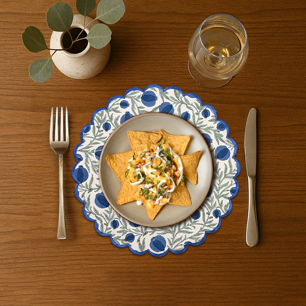 Floral Block Print Round Placemats 15 Inch, Set of 4, Queen Blue