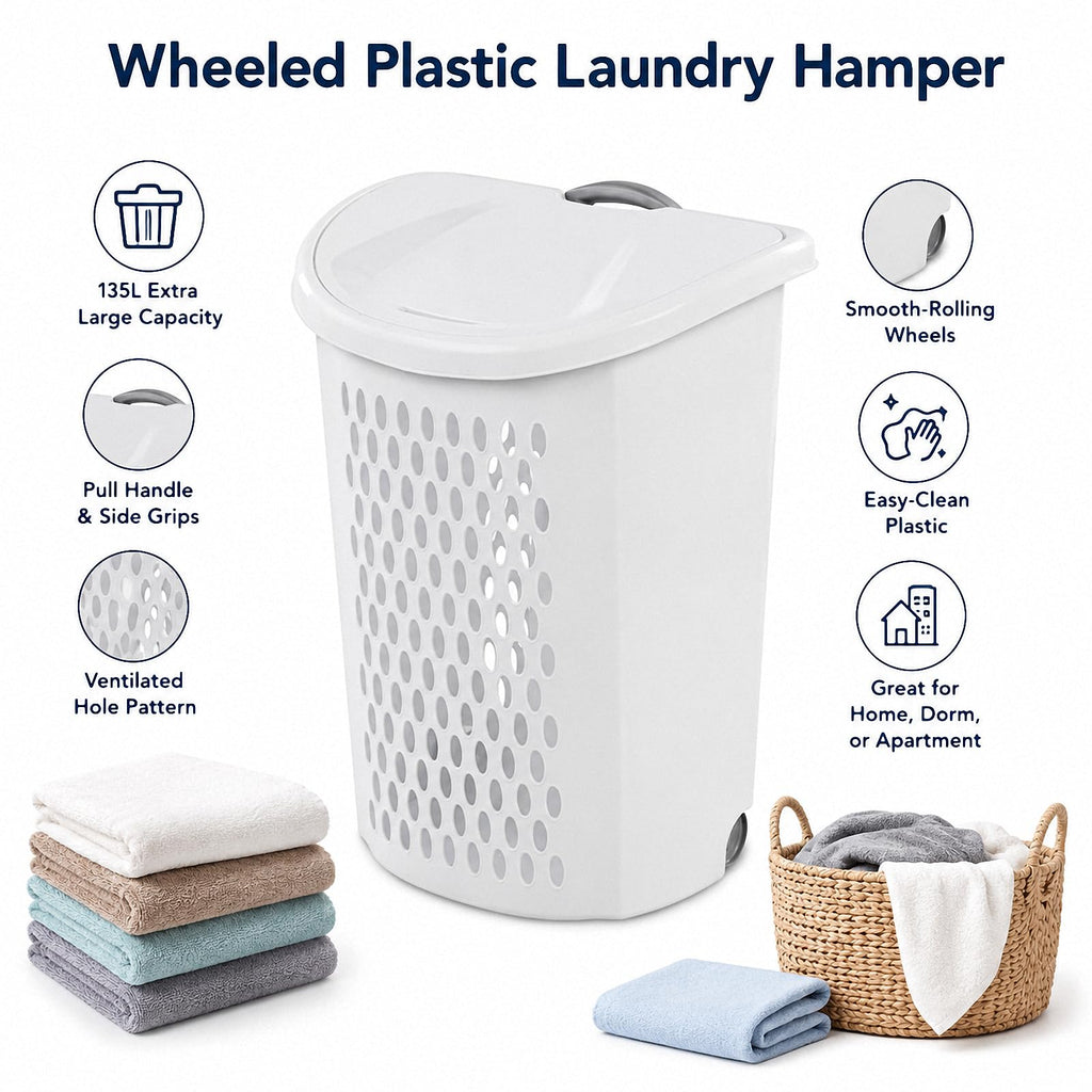 Rolling Laundry Hamper with Lid,White Wheeled Plastic Laundry Hamper