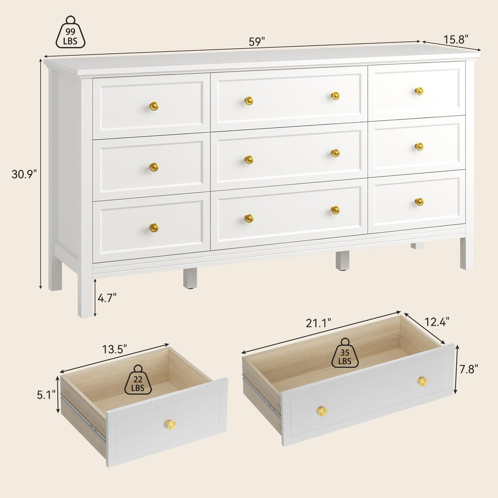 59" White with 9 Drawer & Modern Gold Handles