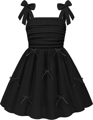 Girls Dresses Ruched Smocked Back Spaghetti Strap Bow Sundress