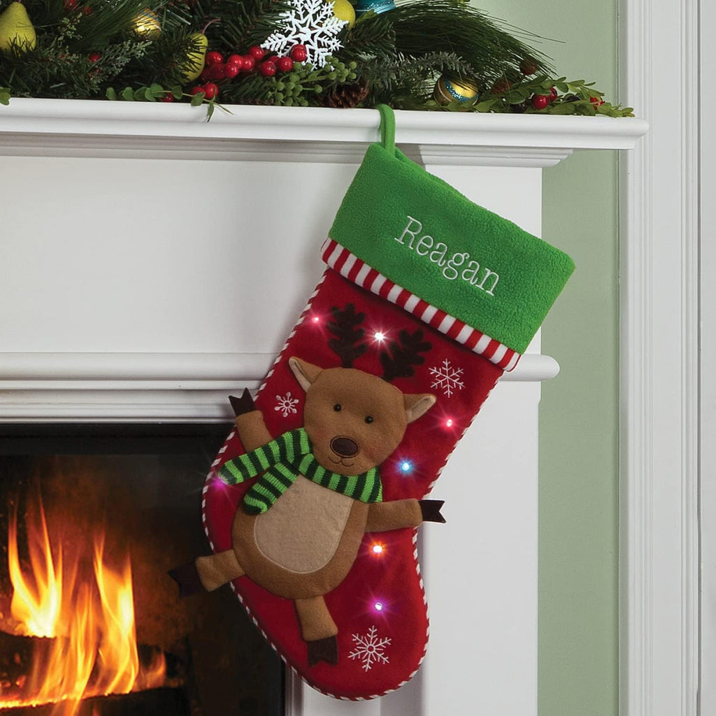 Reindeer with LED Lights and Name Embroidery | 3-D Character Stocking with Colorful Twinkling Lights | Green Cuff