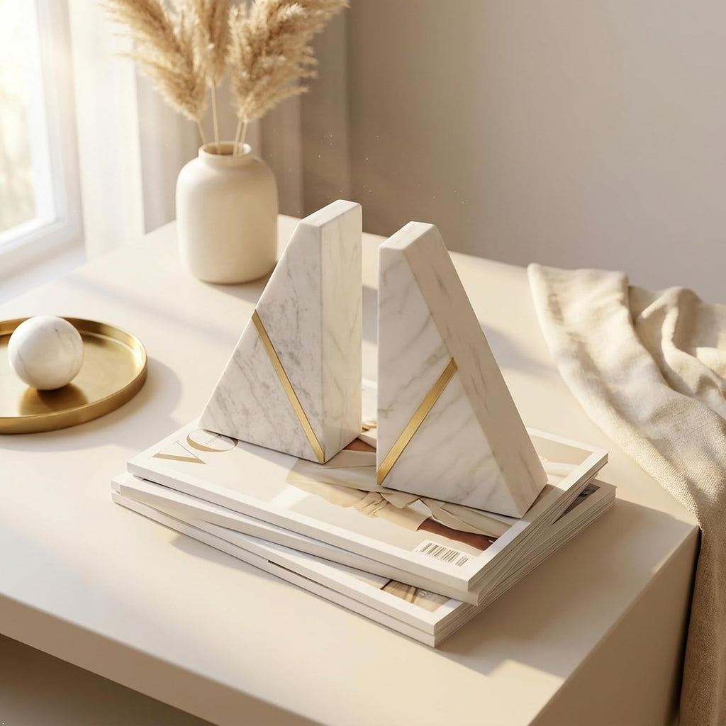 Marble Bookends Handcrafted Heavy Marble Triangular Bookshelf Decor Brass Inlay Set of 2 Decorative Bookends Book