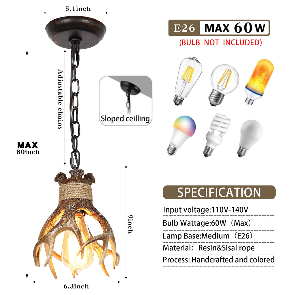 Small Rustic Faux Antler Pendant Light for Farmhouse Kitchen