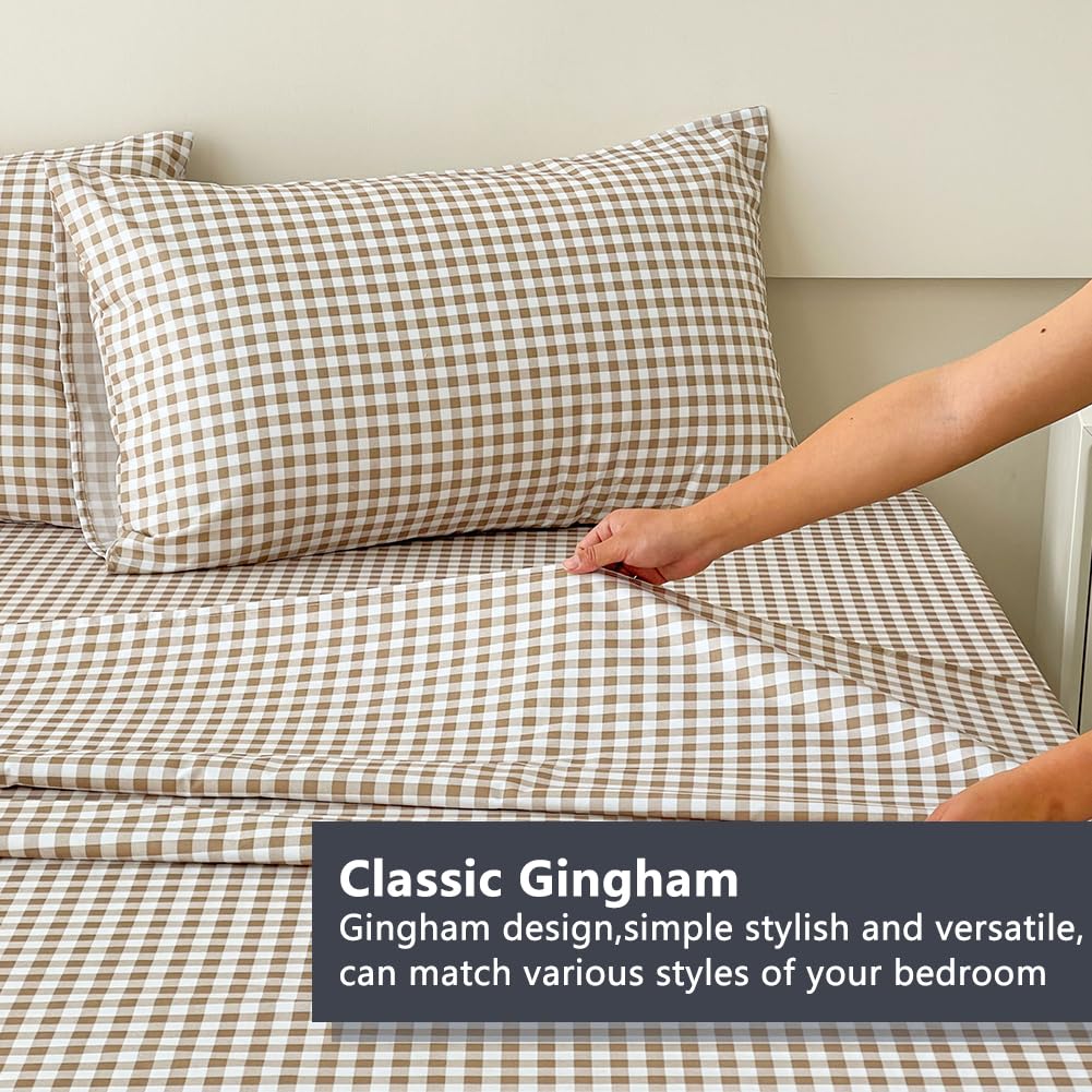 Tan Gingham King Sheet Set