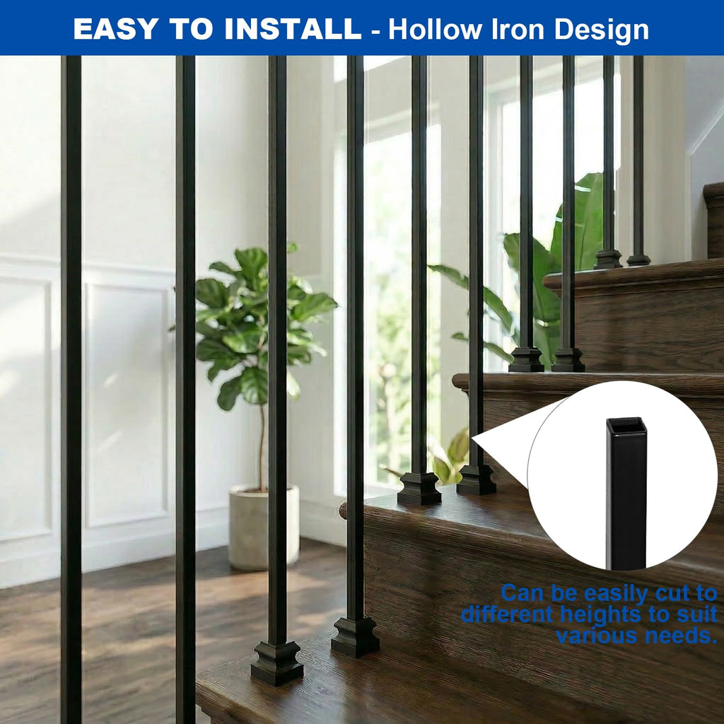 44" Wrought Iron Plain Balusters, 1/2" Square Hollow Iron Spindles, Balusters for Staircase Interior, Decorative