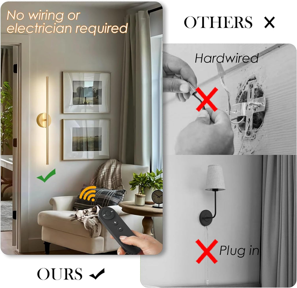 Battery Operated Wall Sconces with Remote Control, Dimmable Wall Sconces Set of Two, 350°Rotate, 3000K LED Gold
