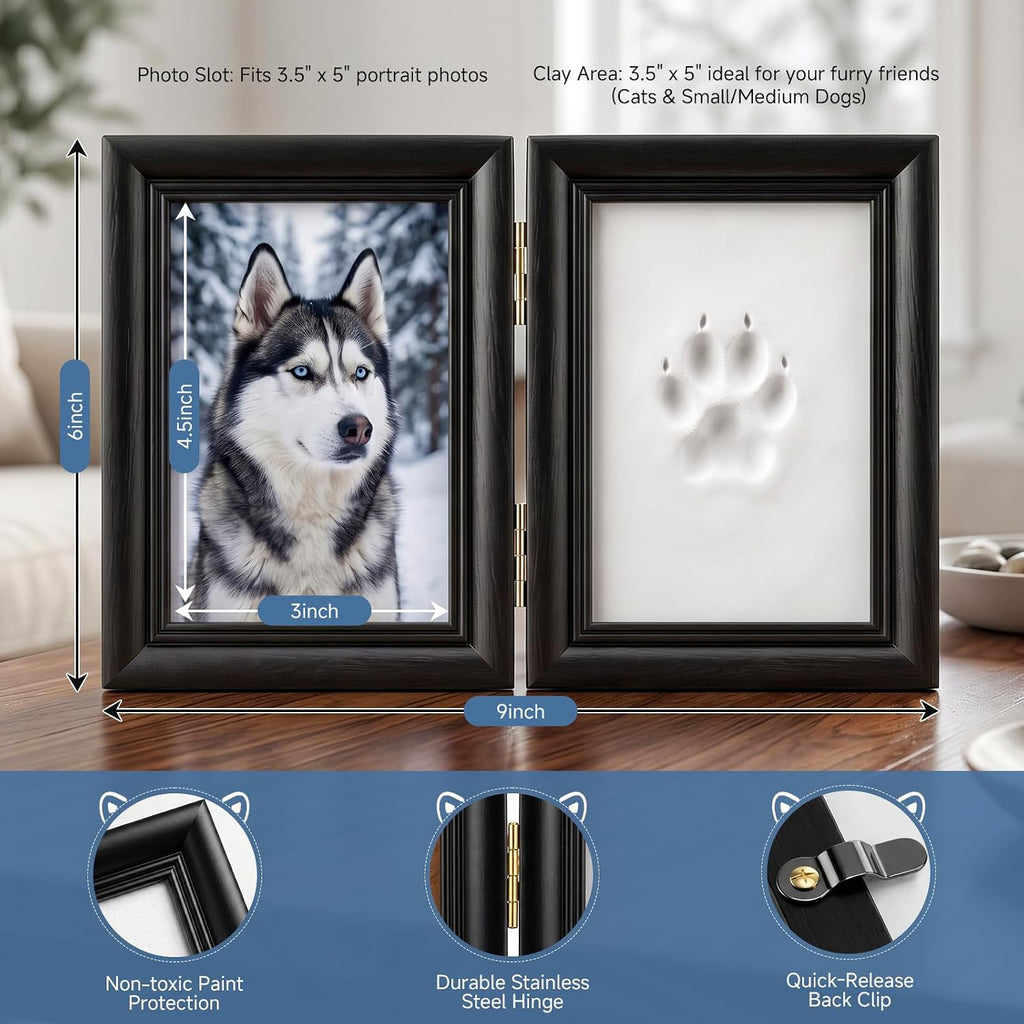 Pet Paw Print Photo Frame with No-Mess Clay - Wooden Shadow Box Keepsake for Dogs and Cats, DIY Memorial Picture