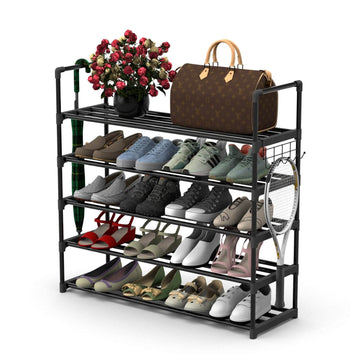 Shoe Rack for Closet, 5-Tier Metal Shelf Storage with Hooks, Black