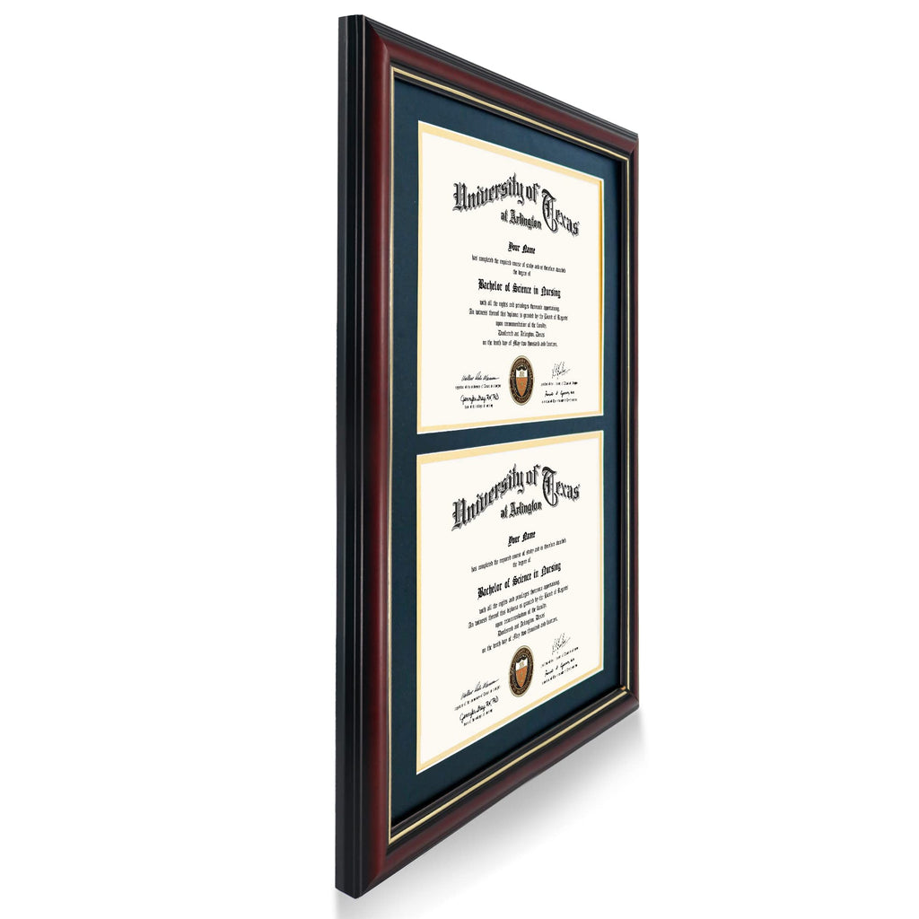 Double 8.5x11 Diploma Frame, Solid Wood & Tempered Glass, Cherry Finish with Gold Trim, Navy Blue & Gold Mat