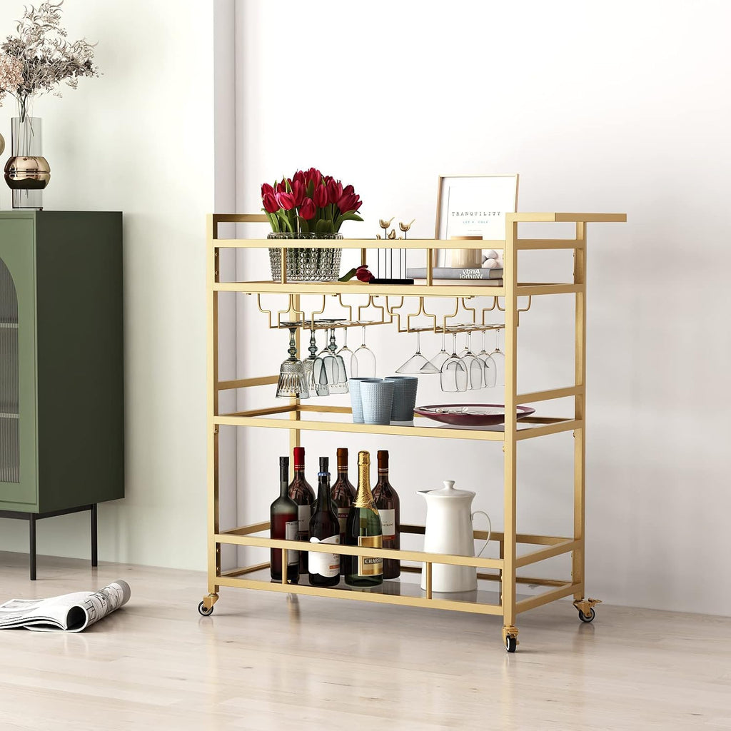 Gold Bar Carts with 3 Tier Glass Shelves, Rolling Serving Bar Cart with Wine Rack and Glass Holder, Home Bar Carts &