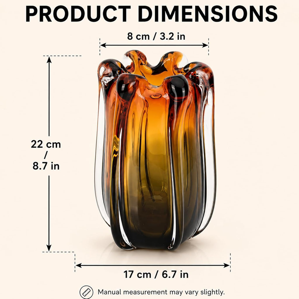 Amber Glass Vase for Flowers, Decorative Murano Art Glass, Wide Mouth Designer Glass Vase Decor, Blown Glass
