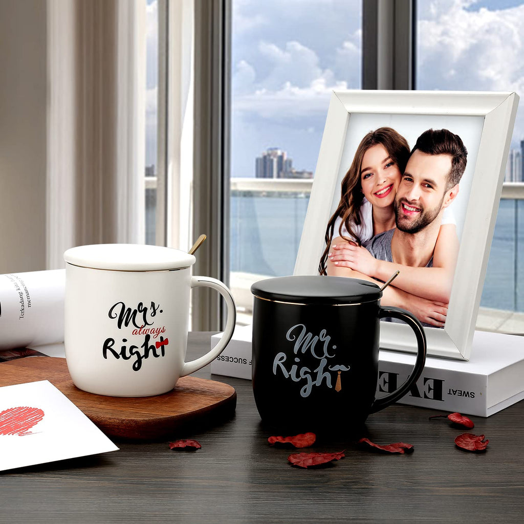 Wedding Gifts For Couples, Ceramic Mugs Set with Lids & Spoons