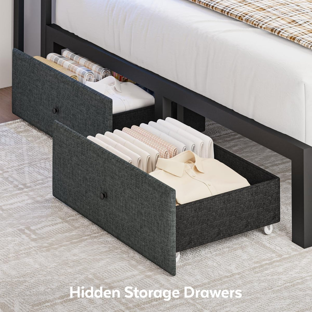 Queen Corner Bed Frame with Storage Drawers, Modern Daybed with LED Lights and Charging Station, Metal Platform Bed