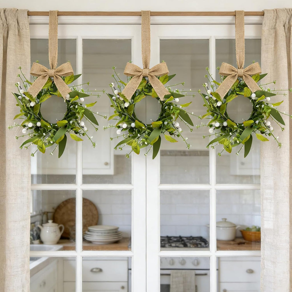 Spring Summer Eucalyptus Kitchen Cabinet Wreaths Small Artificial Green Eucalyptus Leaf Wreath for Front Door - Set of 6