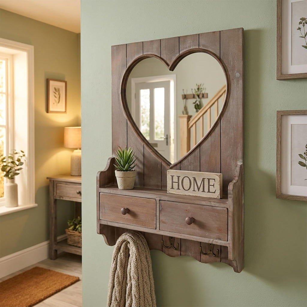 Rustic Farmhouse Wooden Entryway Mirror with Shelf and Hooks, 16"x24" Heart Shape Wood Frame Wall Mirror with Storage