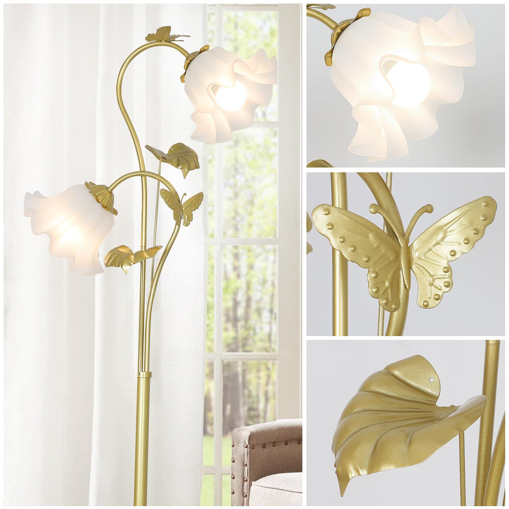Gold Floor Lamp, Flower Standing Lamp with 2 LED 5W Blubs, Foot Switch, Floral Tall Lamp with Acrylic Shade, Antique