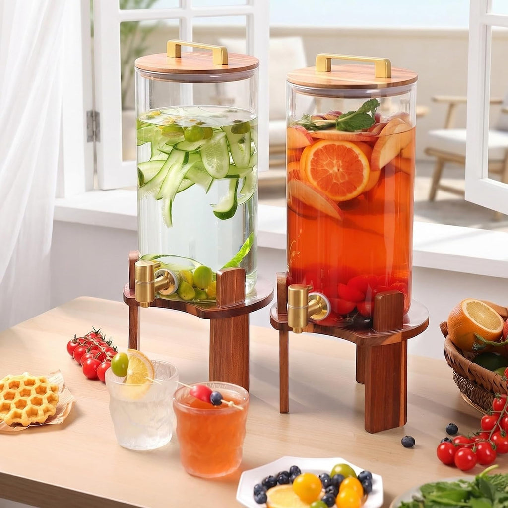 1.5 Gallon Glass Drink Dispenser, Beverage Dispenser With Wood Stand, Lid and Stainless Steel Spigot, Large - Set of 2