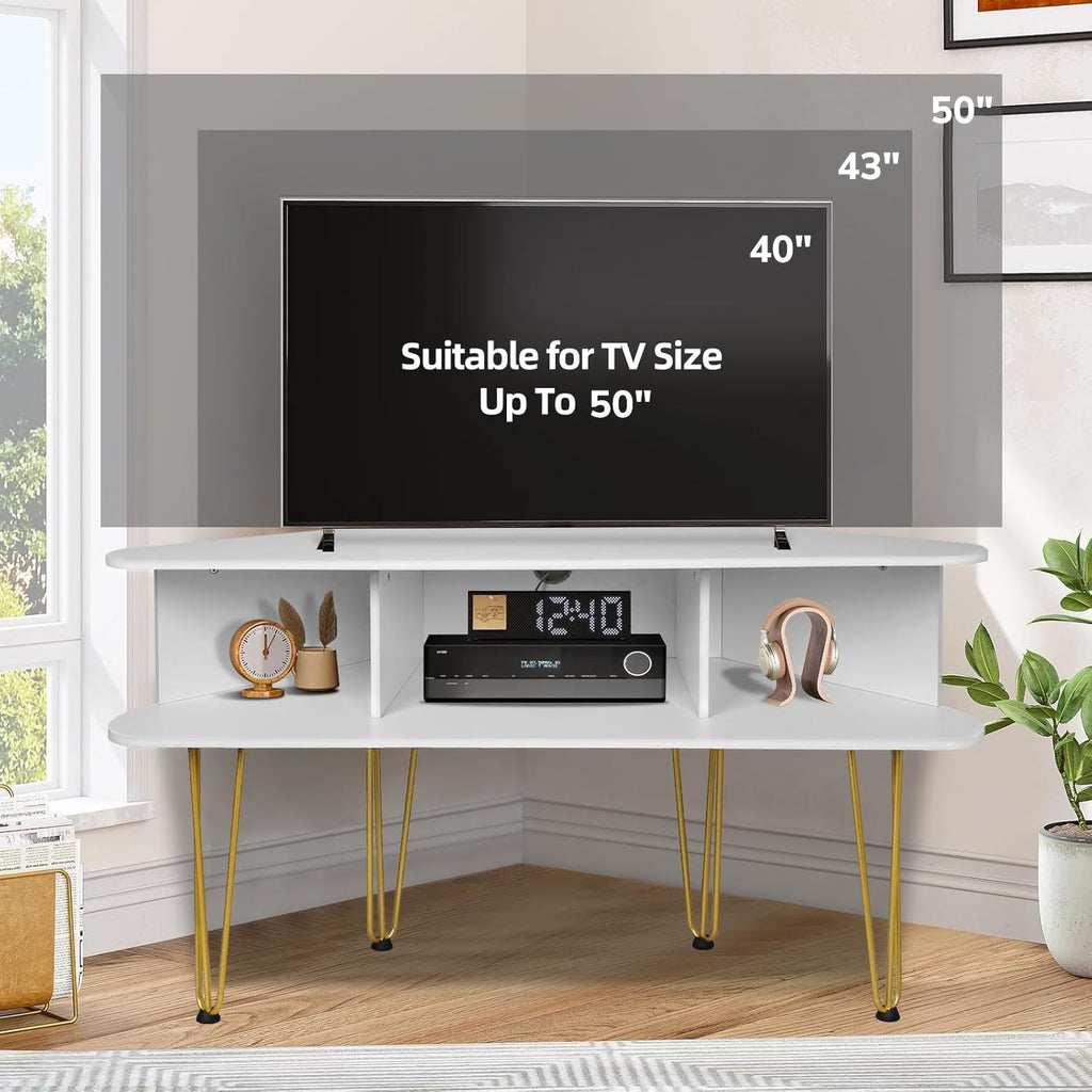 Corner TV Stand for 50 Inch TV, White and Gold Corner Entertainment Center