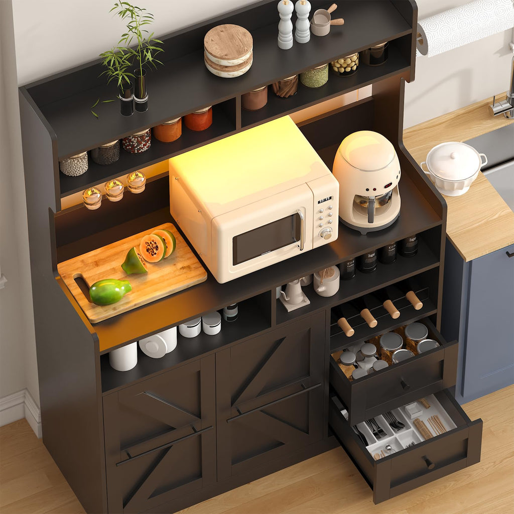 Hutch Storage Buffet Cabinet with Drawers, and Charging Station, Coffee Bar Cabinet with Barn Doors, Wine Rack and
