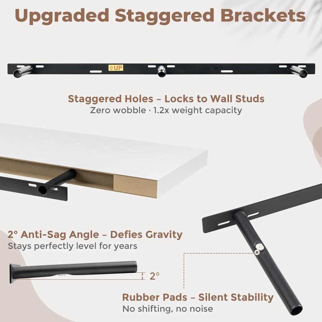 48 Inch Floating Shelves for Wall Set of 2, 6.5" D Wood Gra Shelves with Invisible Brackets, Easy Install Engineered