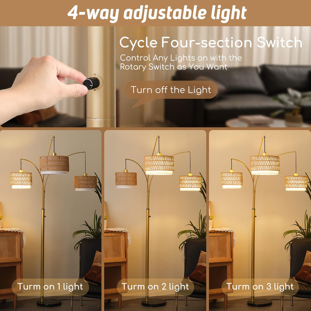 80'' Brushed Gold Rattan Arc Floor Lamp, 3-Light Boho Lamp