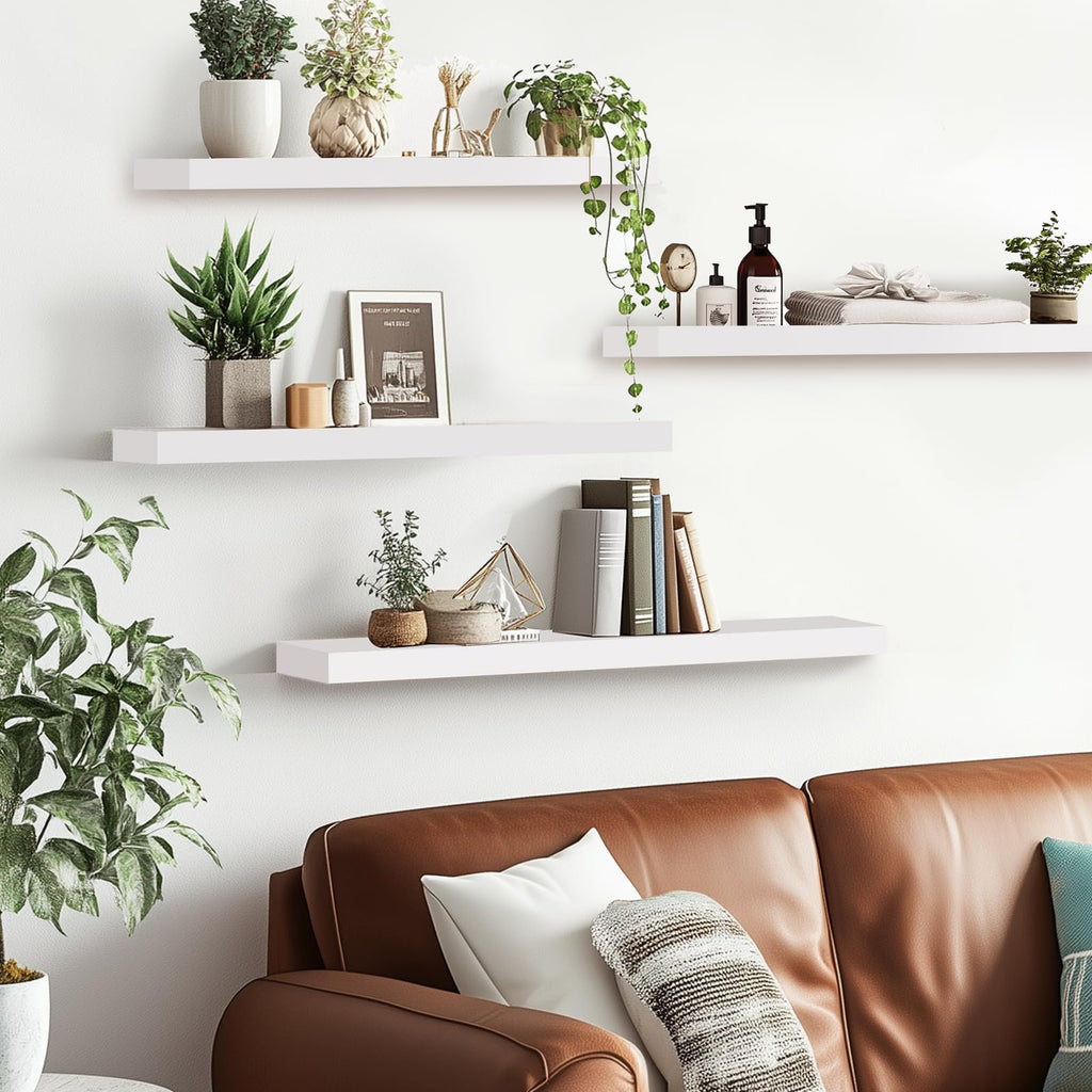 16x5.8x0.8in Floating Wall Shelves Rustic Solid Wood 4-Pack, White