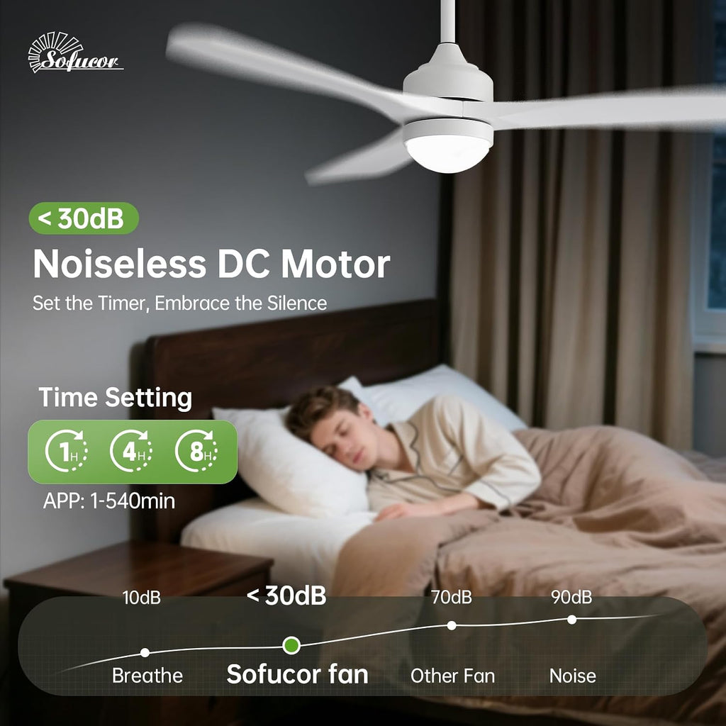 52" Smart Ceiling Fan with Lights and Remote Solid Wood - All White