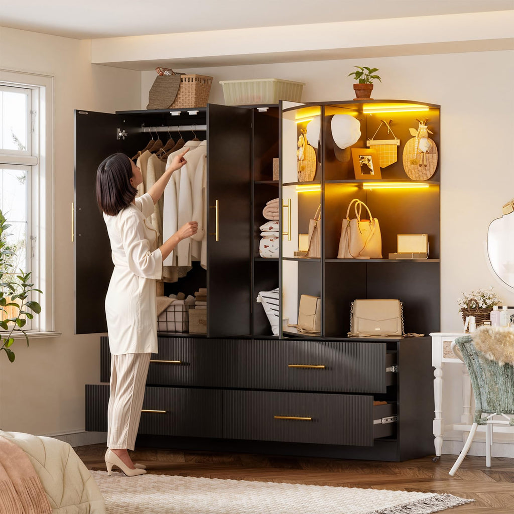 Armoire Wardrobe Closet with 3 Door, Mirror, LED Lights
