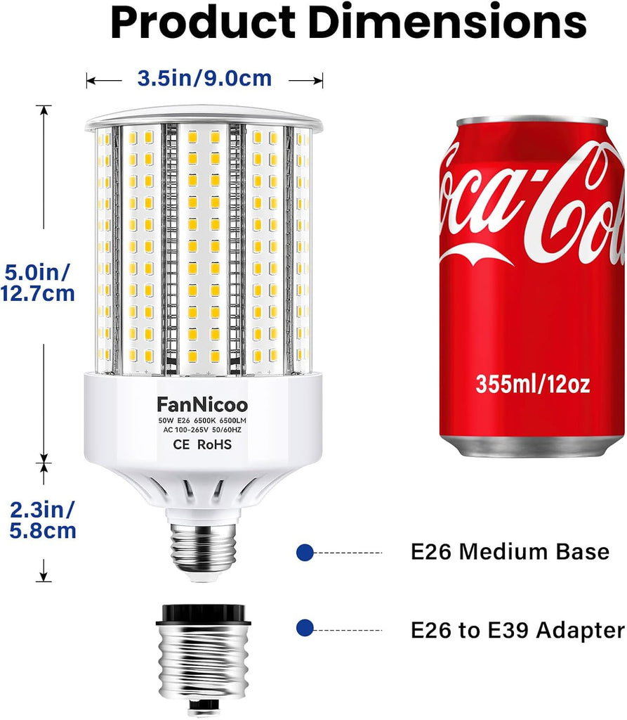 2 Pack 600W Equivalent Led Corn Bulb 6500 Lumen Super Bright E26/E39 Base LED Bulbs 6500K Daylight White 50W Corn