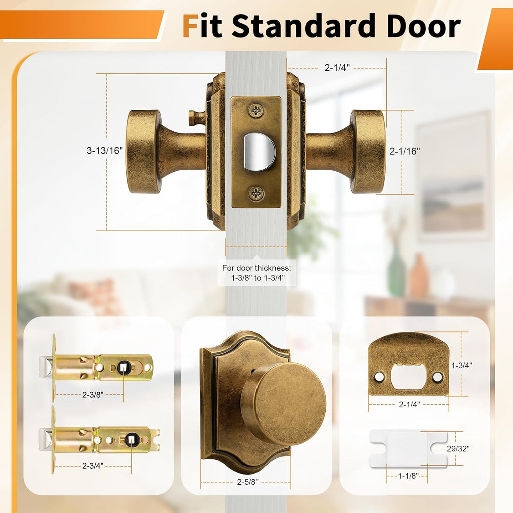 Antique Brass Door Knobs Interior, Privacy Door Knobs Bathroom, Heavy Duty Interior Door Knob with Push Button Lock