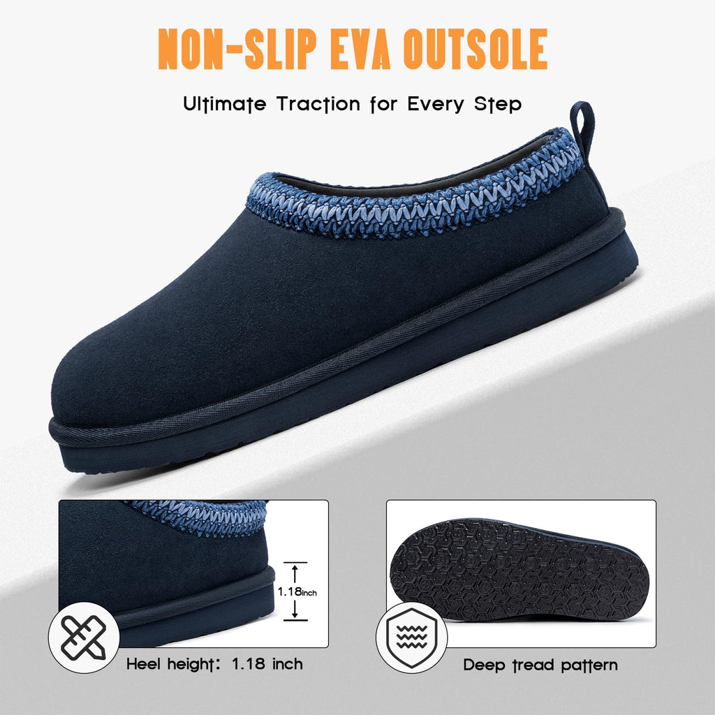 Mens Slippers Genuine Leather Winter Comfy Memory Foam, Navy 7