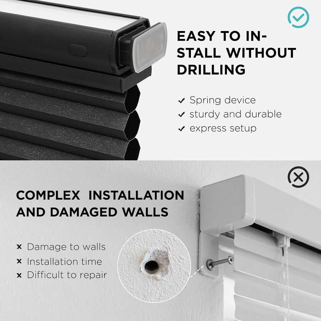 No Tools No Drill Blinds for Indoor Windows, Cordless Window Blinds Cellular Shades Top Down Bottom Up Blackout
