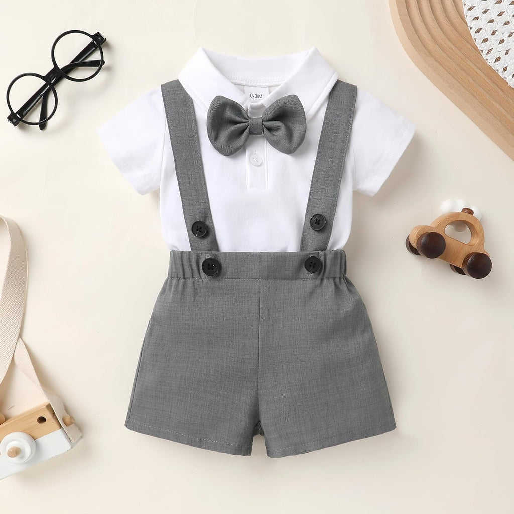 Baby Boy Clothes Suits Infant Gentleman Wedding Outfit Dress Shirt Bowtie and Suspenders Shorts Set