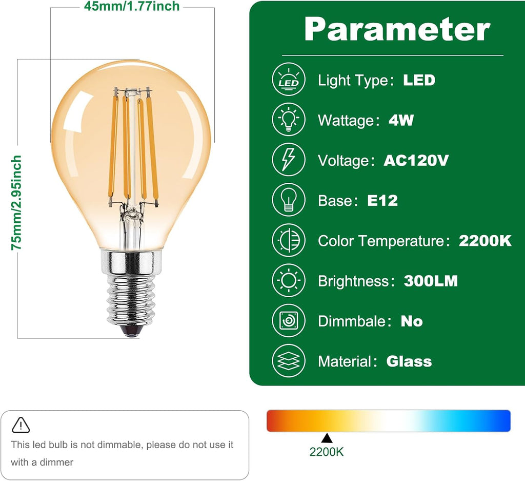 G45 E12 Vintage LED Small Edison Bulb 120V 4W (30 Watt Equivalent),Antique Globe Filament Decorative Light Bulbs Warm