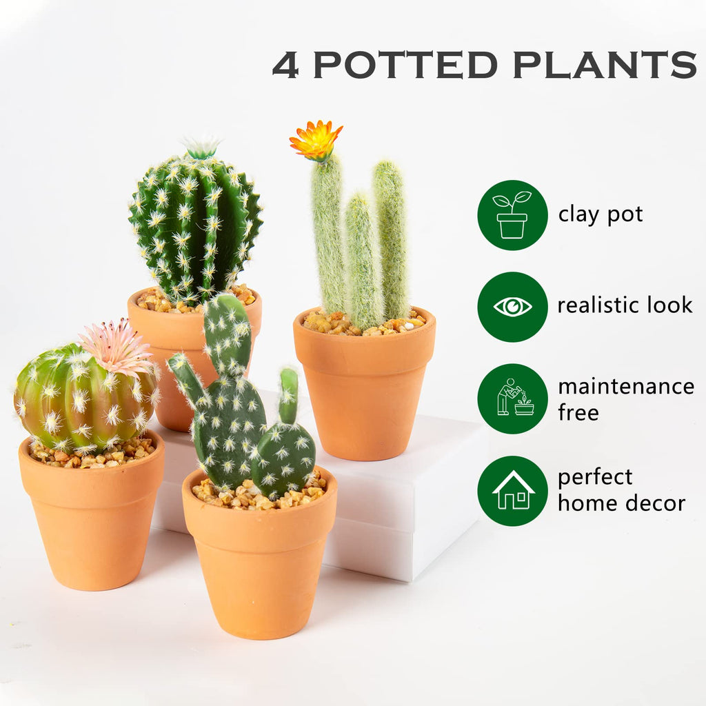Mini Artificial Cactus Plants in Terracotta Pots 4 Pcs Potted Faux Succulents in Pots Fake Potted Plants Cactus Decor