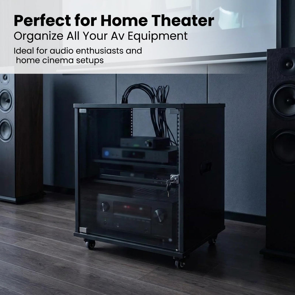 Eco Wood Audio Rack with Glass Door, Cable Hole and Brake Wheels