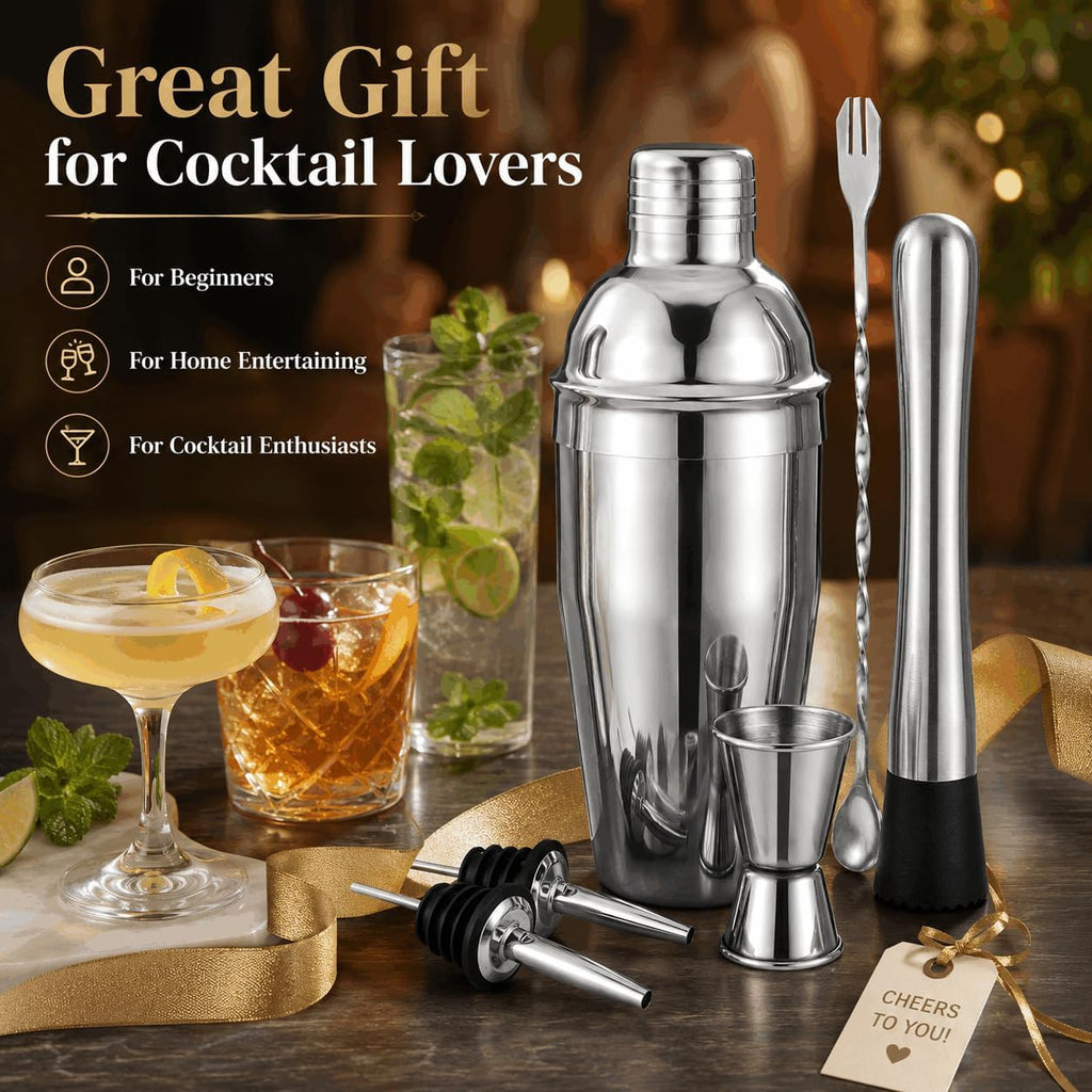 Cocktail Shaker Set, 6-Piece 18/8 Food-Grade Stainless Steel Mixology Bartender Kit - Premium Bar Tools with Muddler - Set of 6