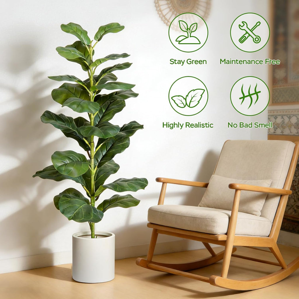Artificial Fiddle Leaf Fig Tree, 35" Faux Ficus Lyrata Plant with Pot, Floor Plant Outdoor Artificial Plant - Set of 2